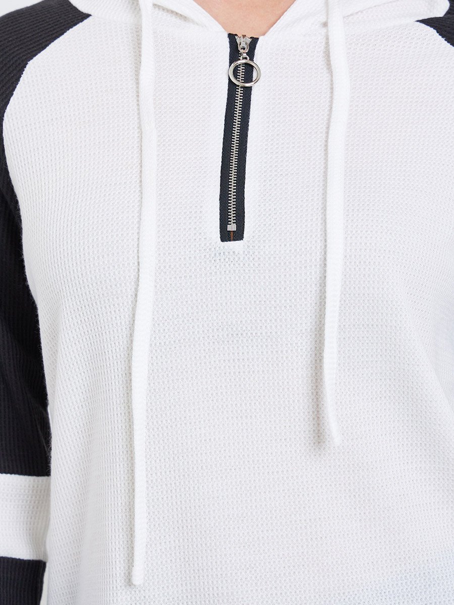 White Color Block Raglan Sleeve Hoodie
