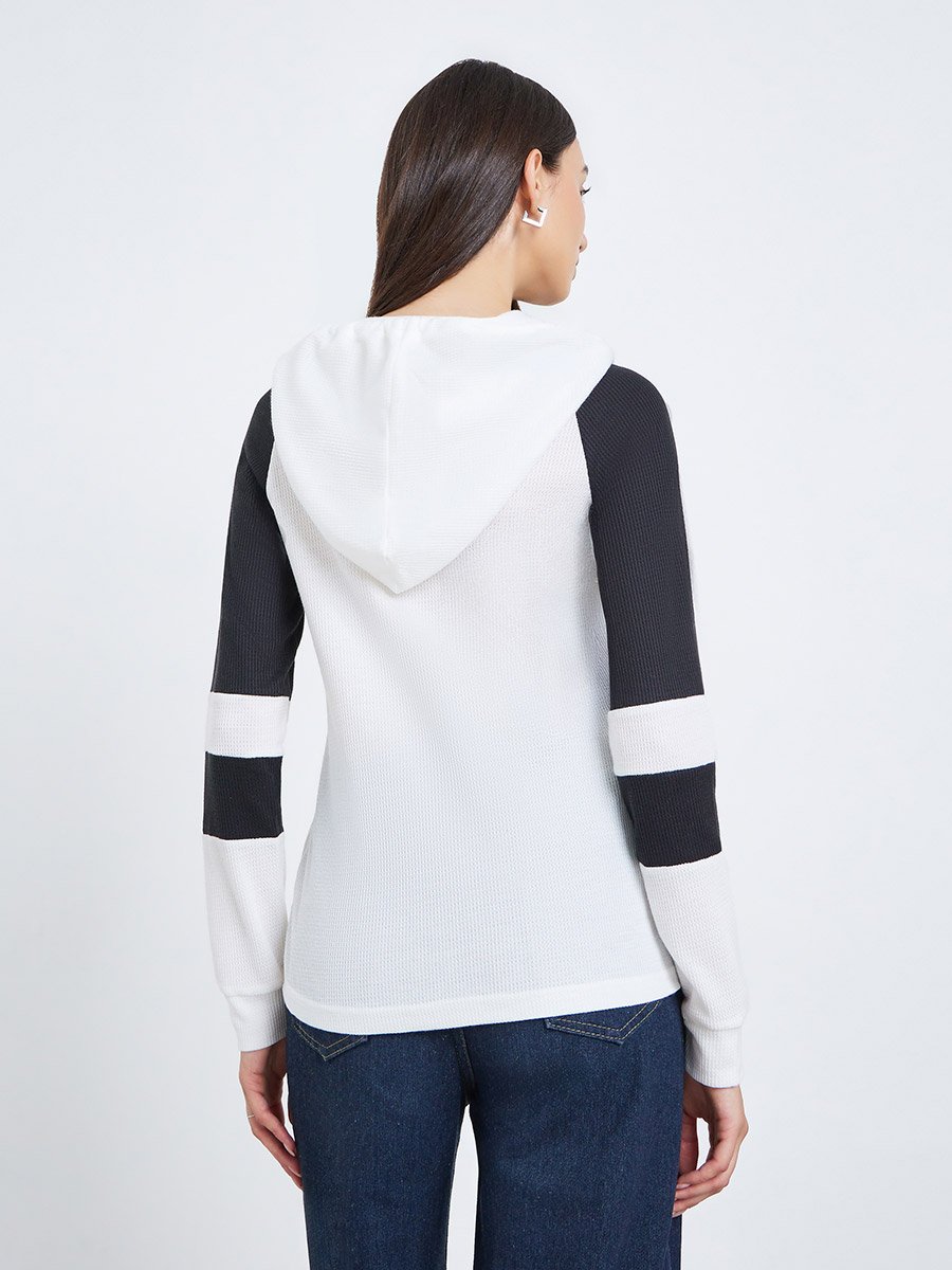 White Color Block Raglan Sleeve Hoodie