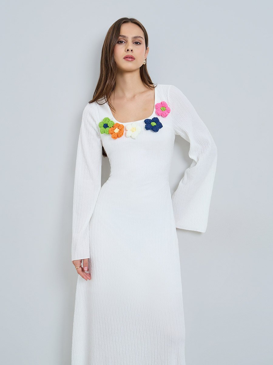 White Textured Flower Corsage Maxi Dress