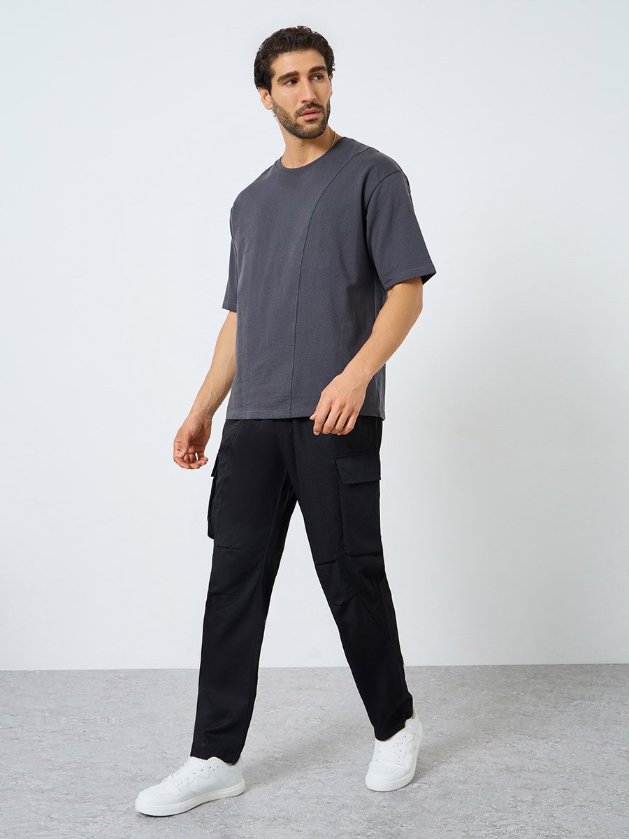 Men Black Cargo Pants with Drawstring