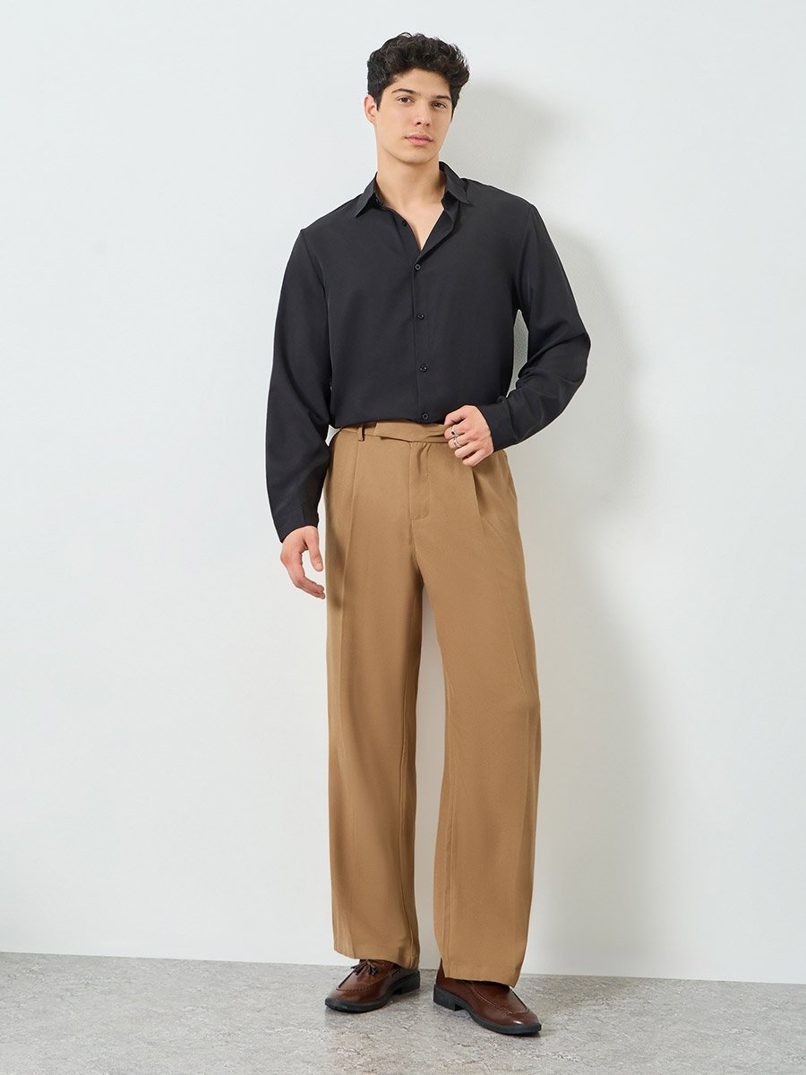 Men Copper Slant Pocket Pleated Straight Leg Pants