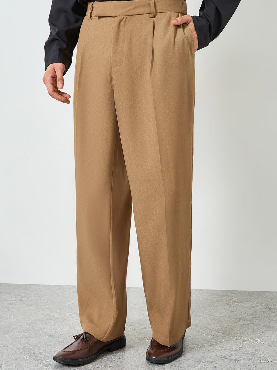 Men Copper Slant Pocket Pleated Straight Leg Pants