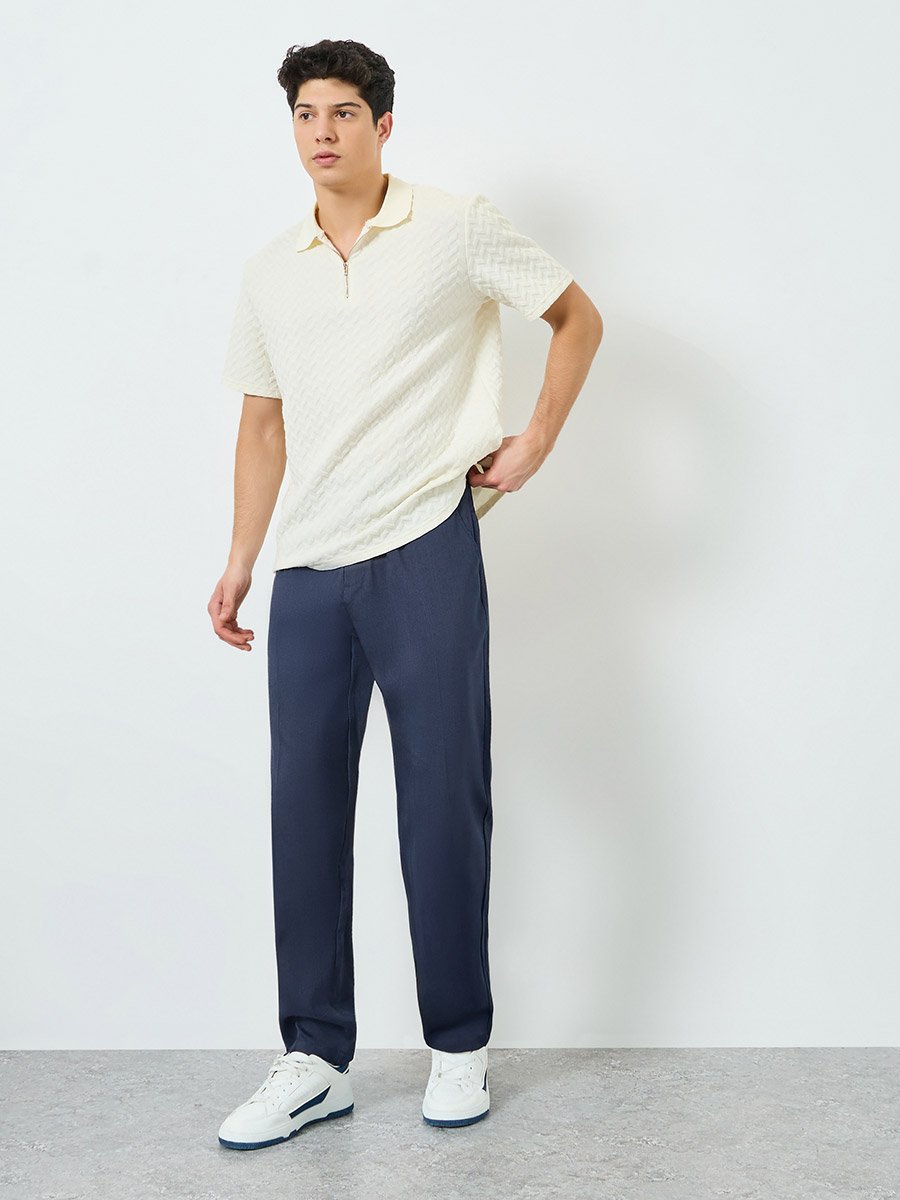 Men Navy Blue Straight Leg Trousers