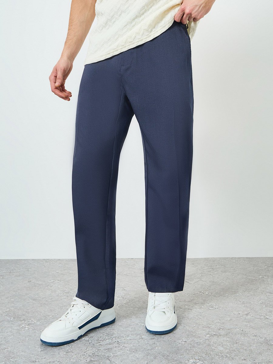 Men Navy Blue Straight Leg Trousers