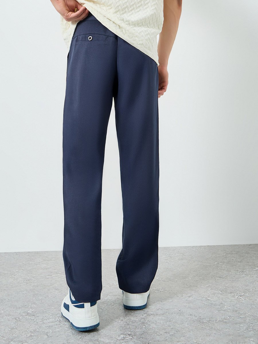 Men Navy Blue Straight Leg Trousers