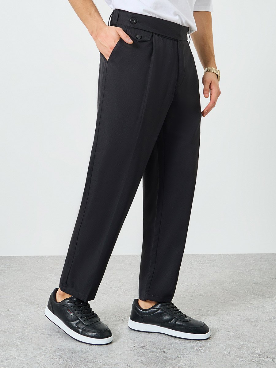 Men Black Slant Pocket Pleated Straight Leg Pants