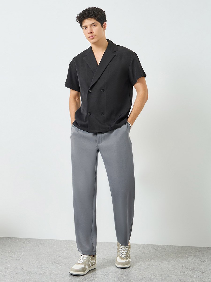 Men Grey Slant Pocket Pleated Straight Leg Pants