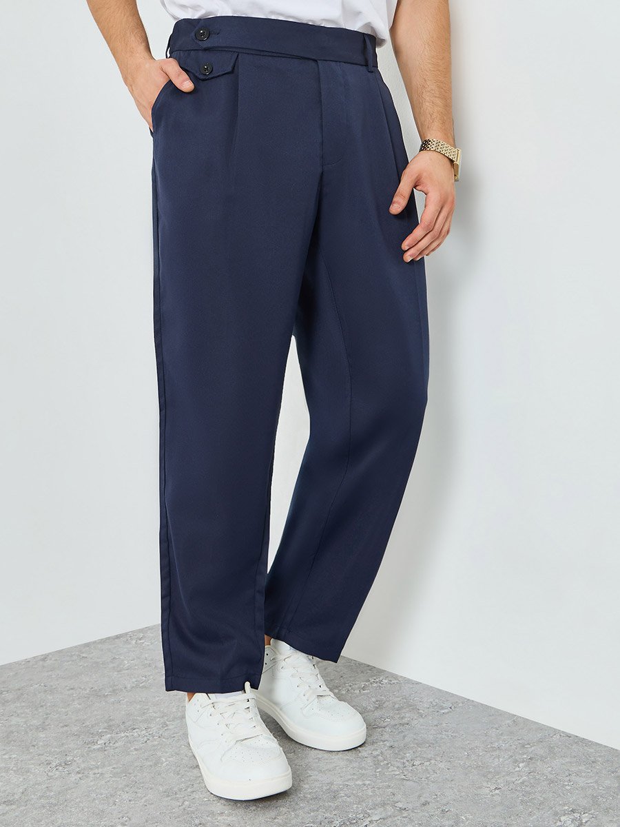 Men Navy Blue Pleated Straight Leg Pants