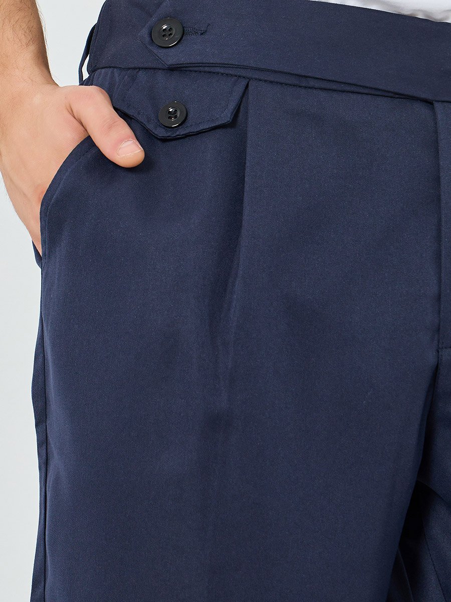 Men Navy Blue Pleated Straight Leg Pants