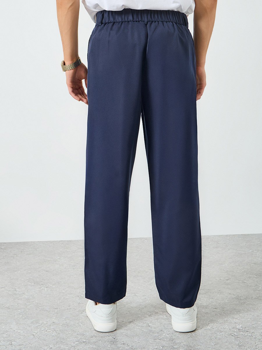 Men Navy Blue Pleated Straight Leg Pants