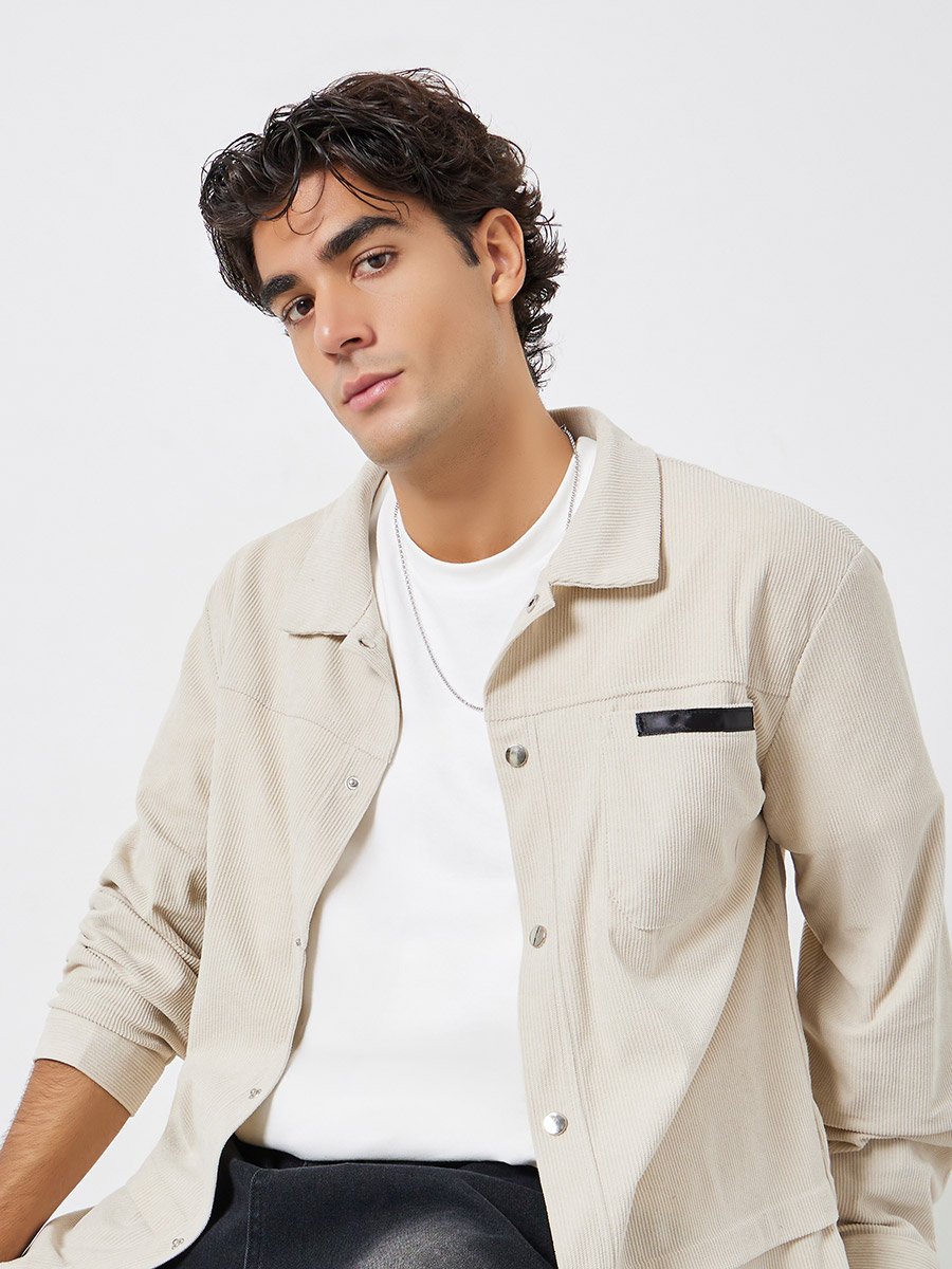 Men Pocket Detail Metal Snap Button Corduroy Jacket