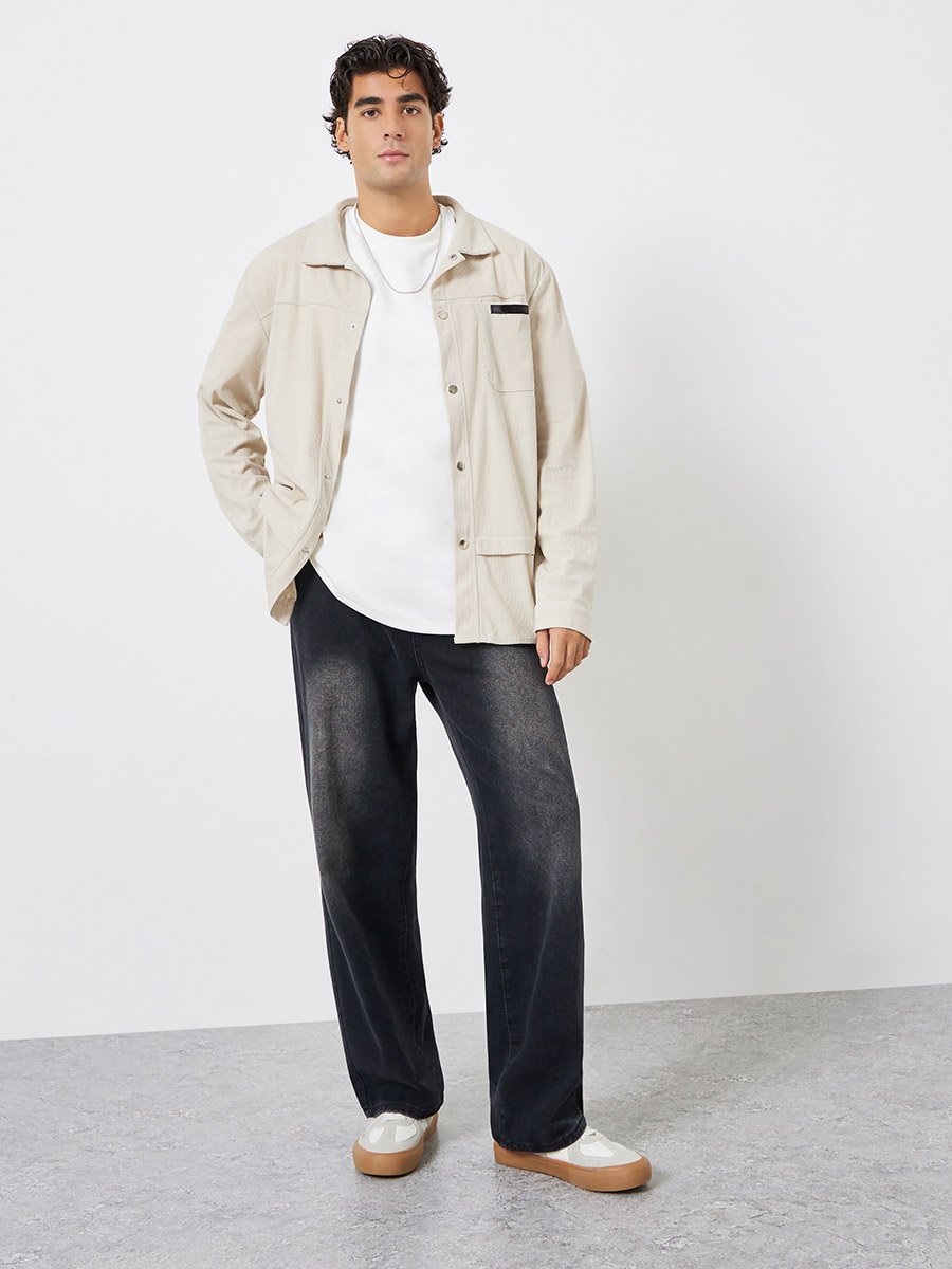 Men Pocket Detail Metal Snap Button Corduroy Jacket