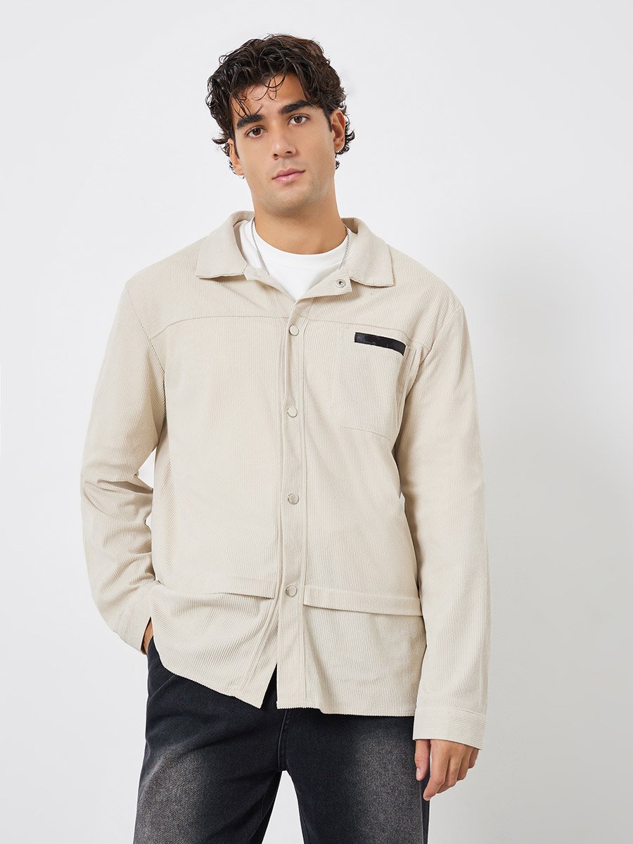 Men Pocket Detail Metal Snap Button Corduroy Jacket