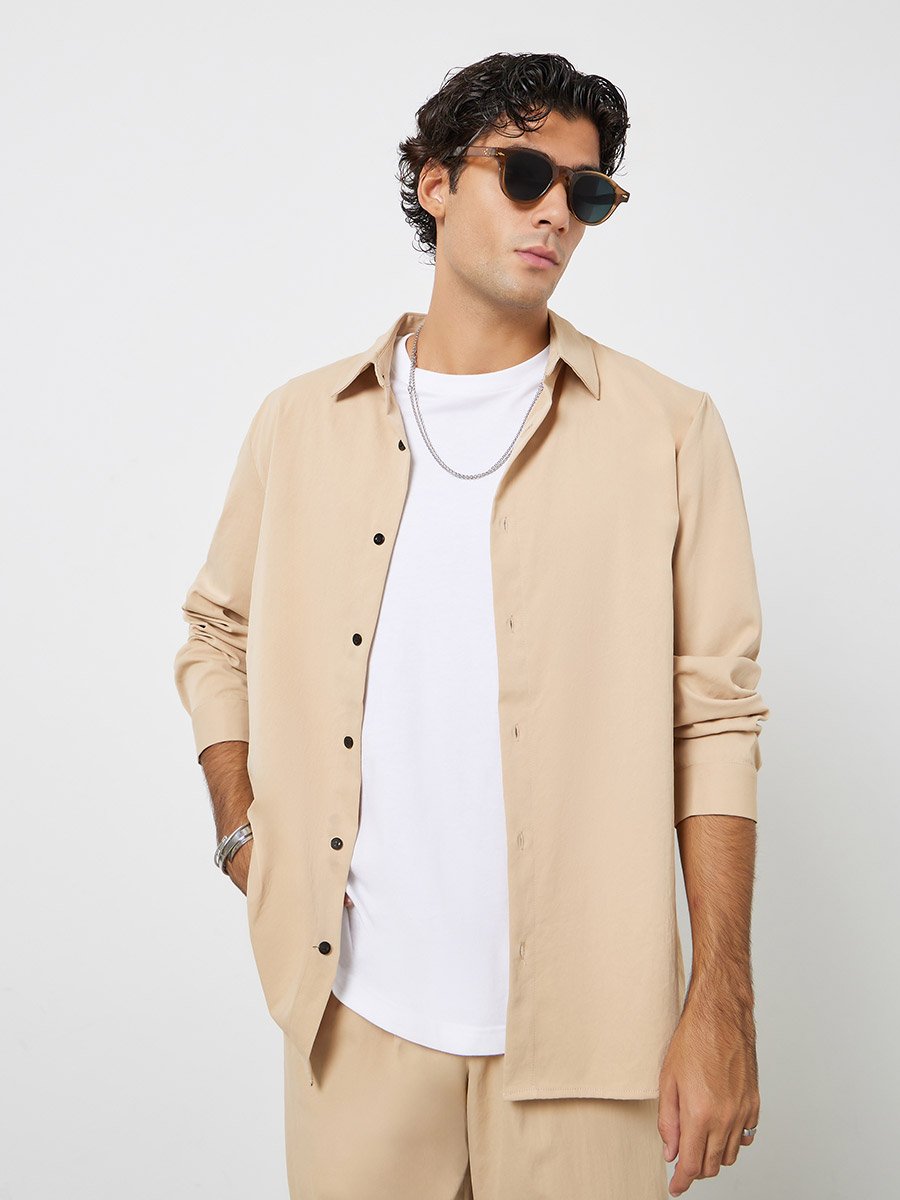 Men Solid Spread Collar Shirt and Pants Co-ords