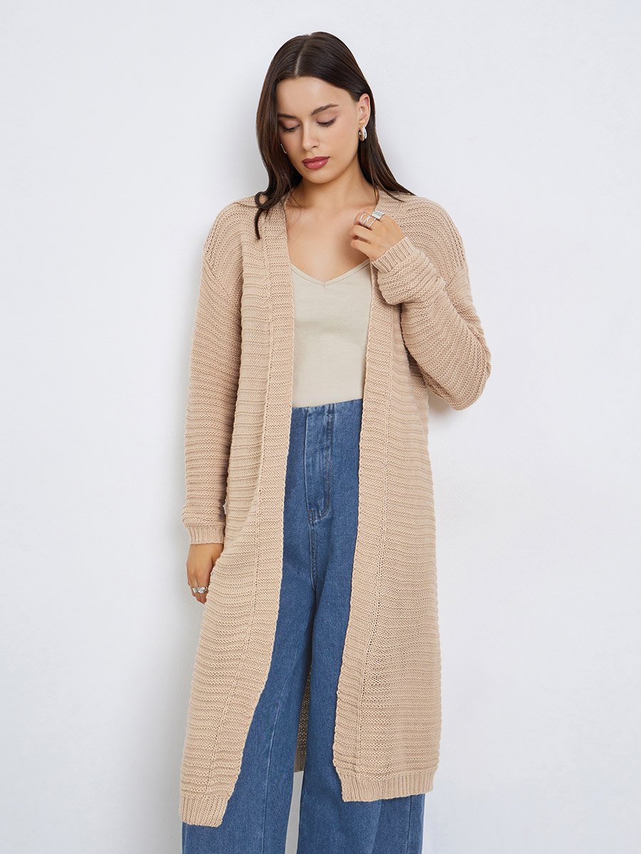 Beige Textured Knit Midi Cardigan