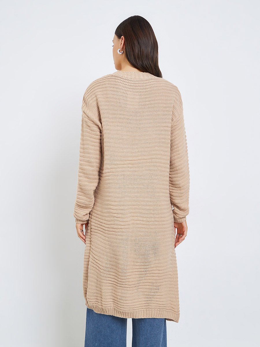 Beige Textured Knit Midi Cardigan