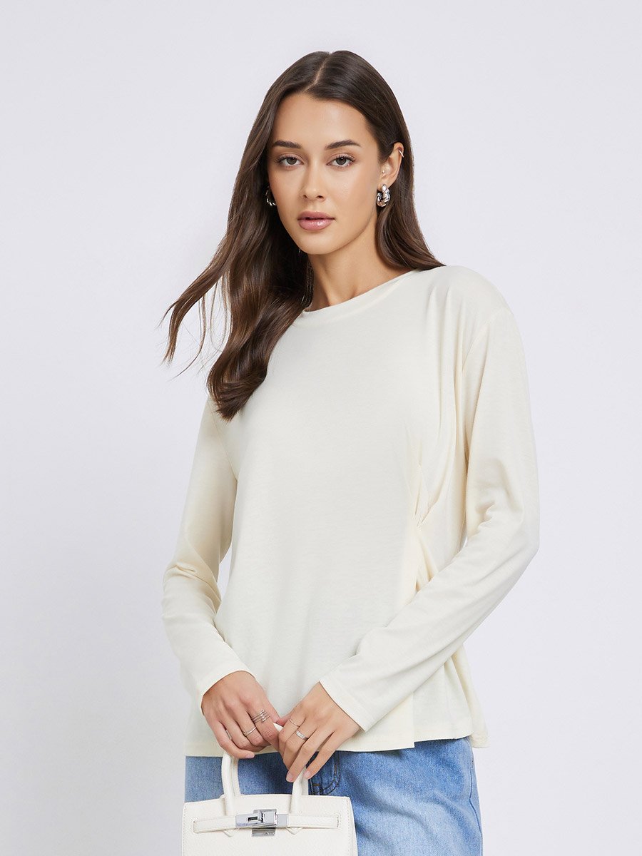 Solid Pleated Long Sleeve Knit Top