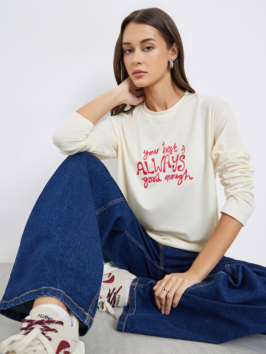 Beige Slogan Print Oversized T-Shirt