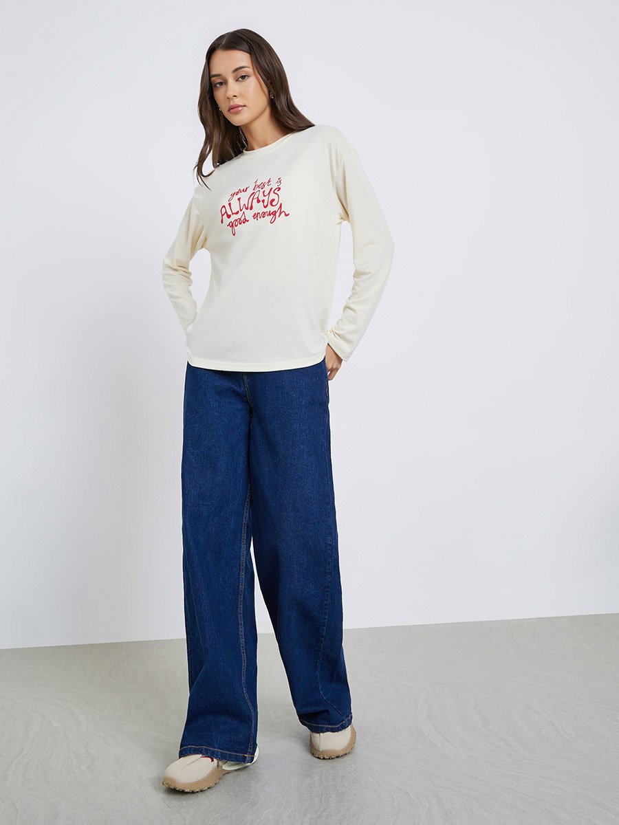 Beige Slogan Print Oversized T-Shirt