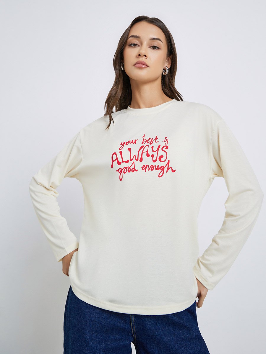 Beige Slogan Print Oversized T-Shirt