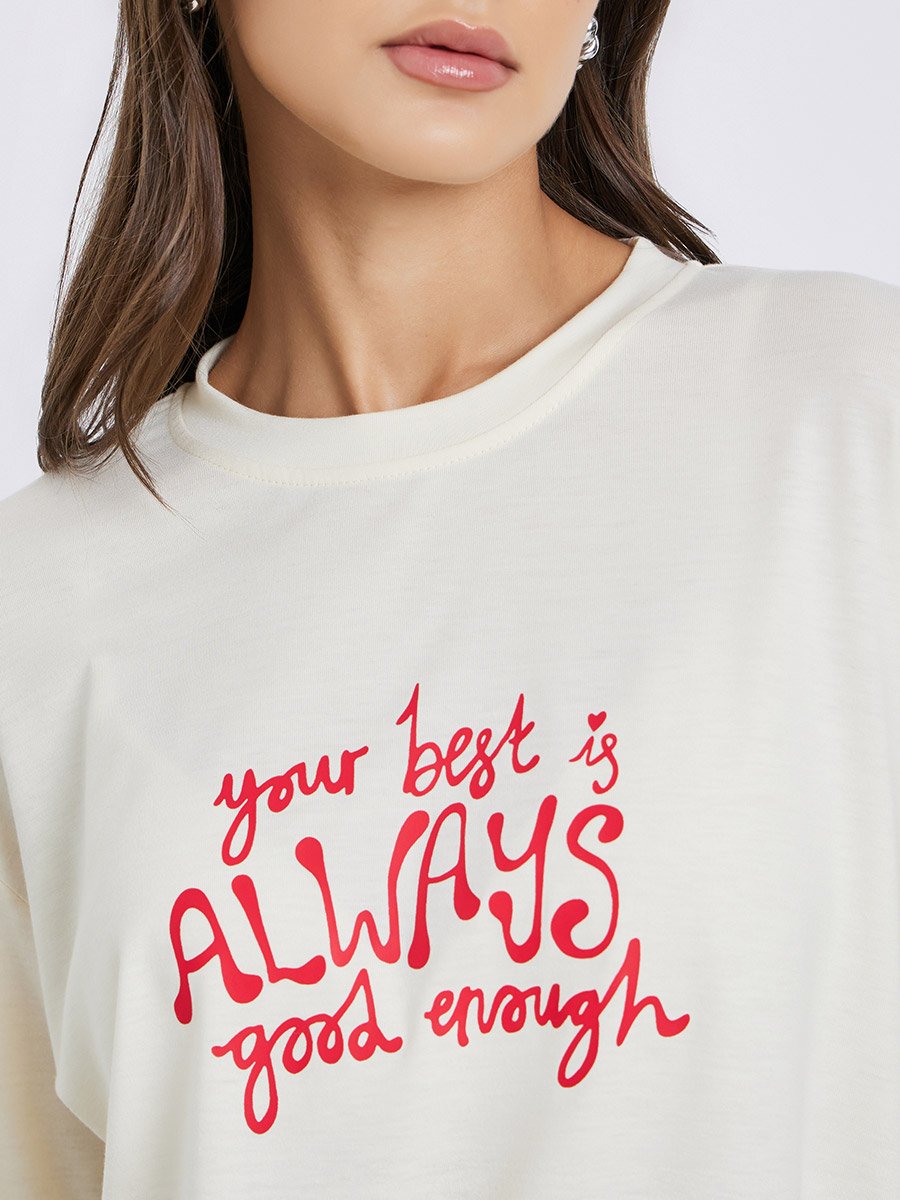 Beige Slogan Print Oversized T-Shirt