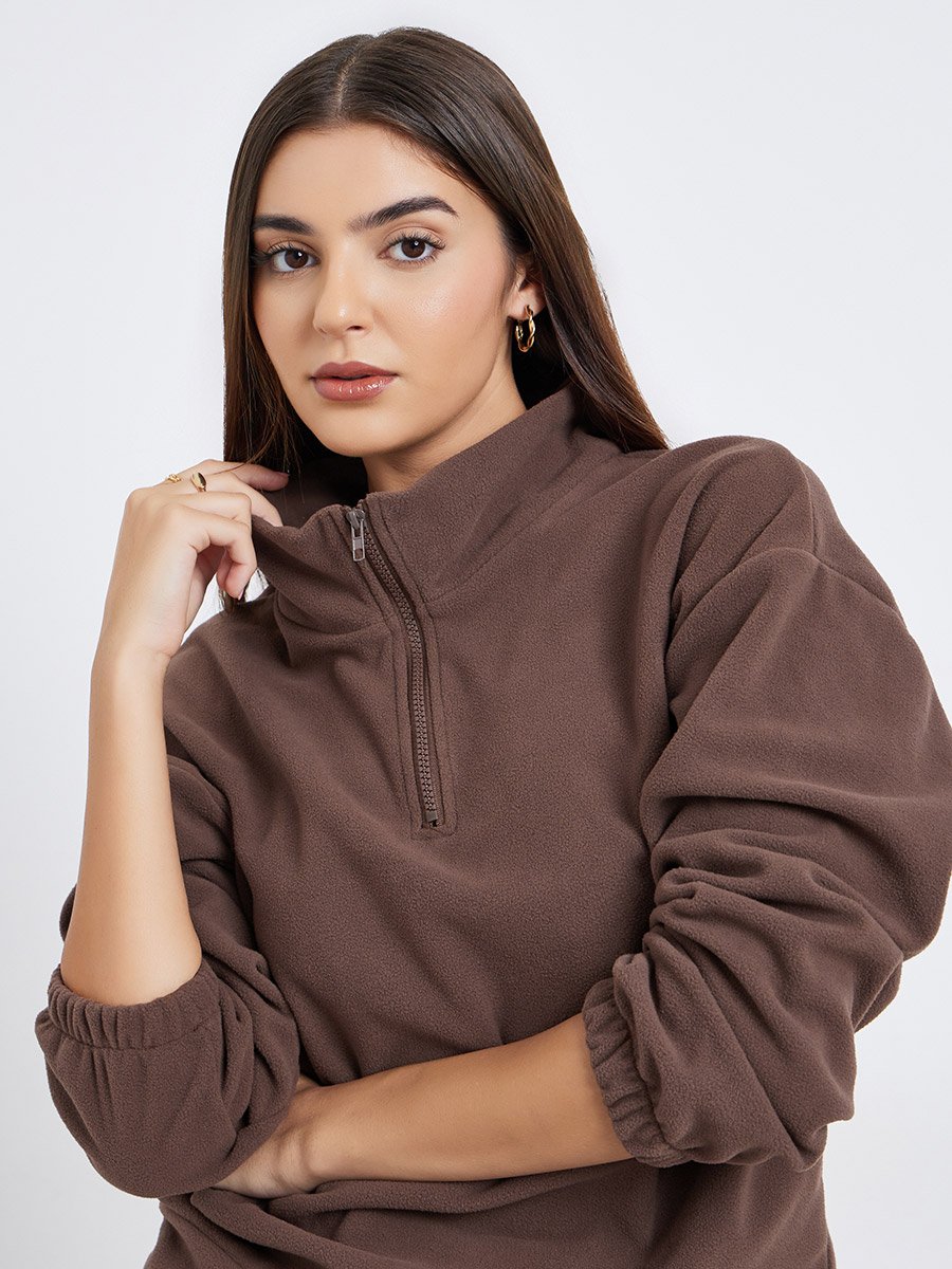 Women Brown Solid Fleece Half-Zip Front Sweatshirt