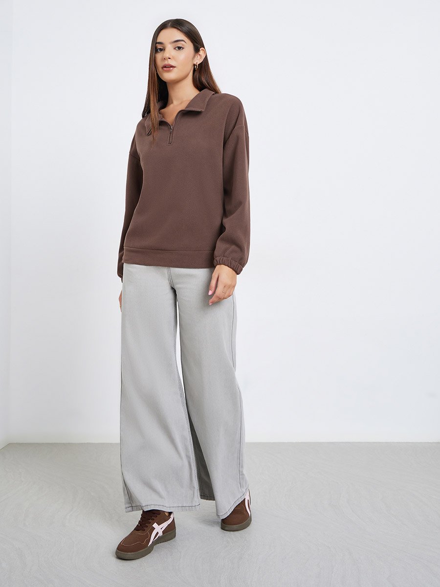 Women Brown Solid Fleece Half-Zip Front Sweatshirt