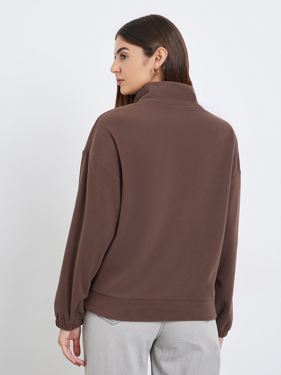 Women Brown Solid Fleece Half-Zip Front Sweatshirt