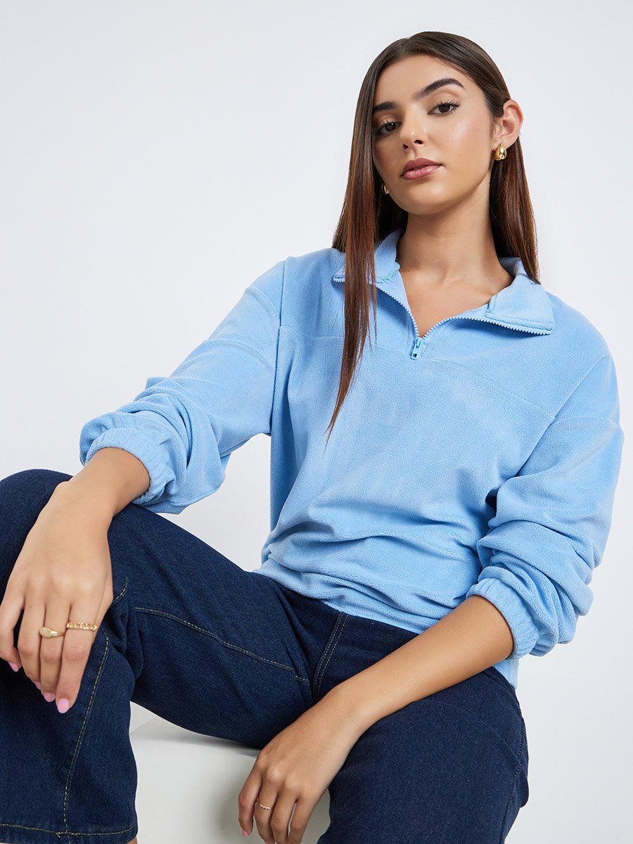 Women Blue Solid Fleece Half-Zip Front Sweatshirt