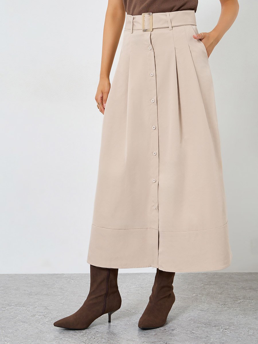 Khaki A-Line Maxi Skirt with Belt Detail