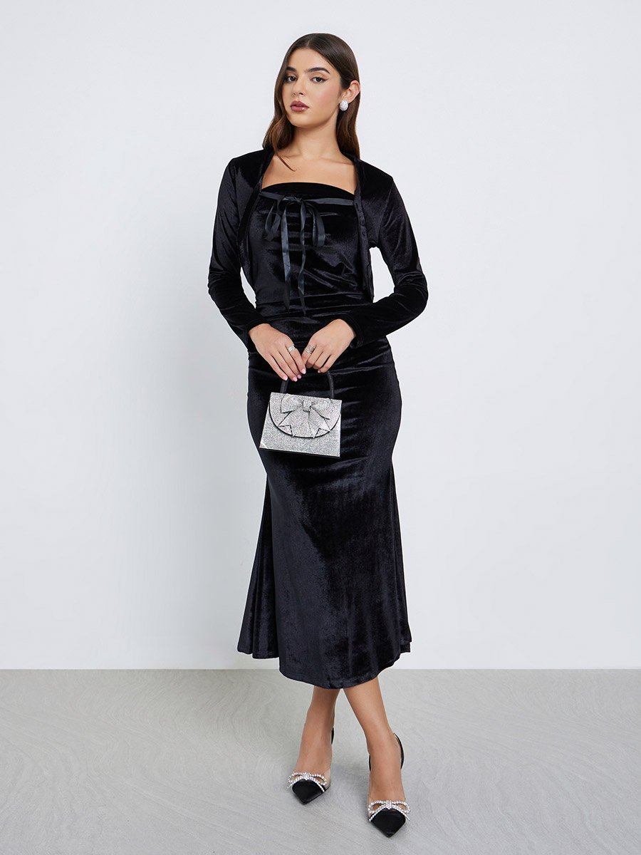 Black Velvet Look Midi Dress and Bolero Set