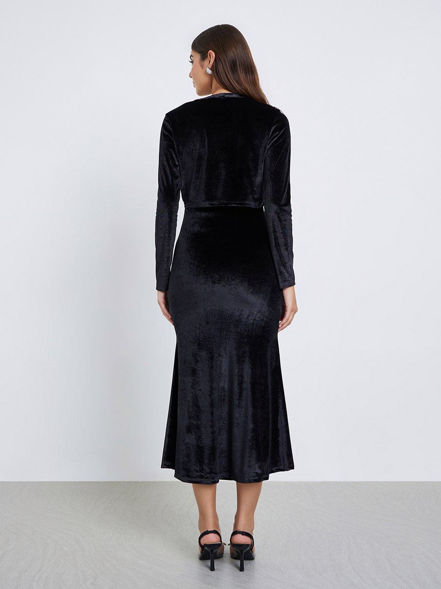 Black Velvet Look Midi Dress and Bolero Set
