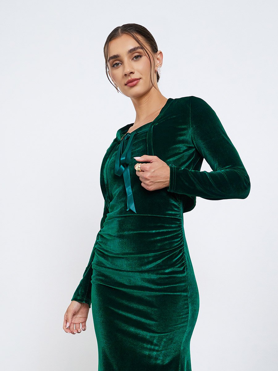 Green Velvet Look Midi Dress with Bolero For Women at UAE | Styli Green Velvet Look Midi Dress with Bolero For Women at UAE | Styli