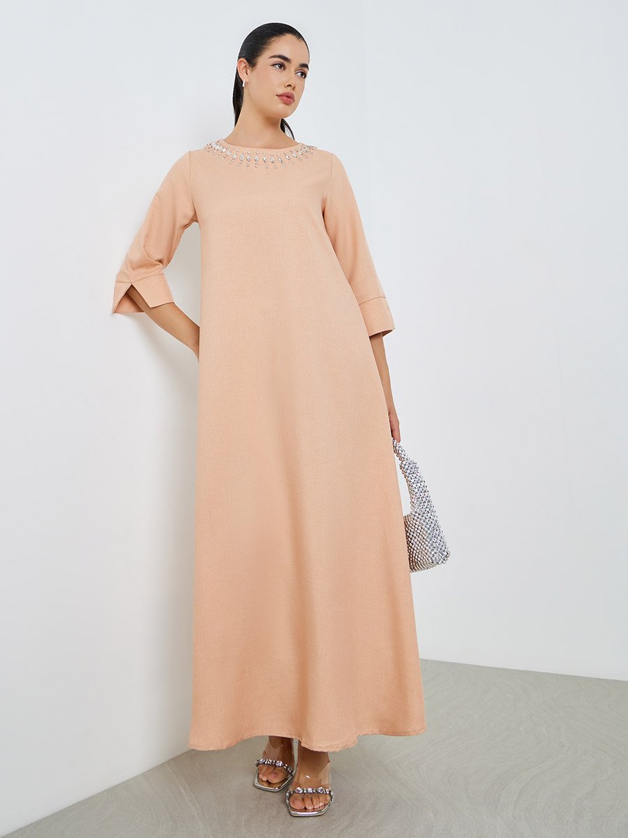 Women Linen Look Twill 3/4 Sleeve Jalabiya