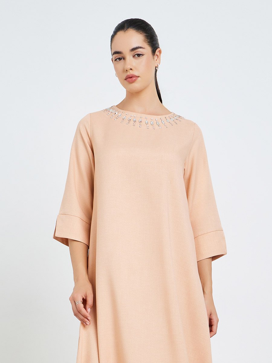 Women Linen Look Twill 3/4 Sleeve Jalabiya