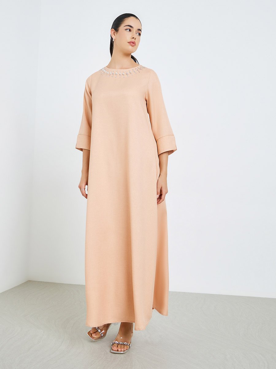 Women Linen Look Twill 3/4 Sleeve Jalabiya