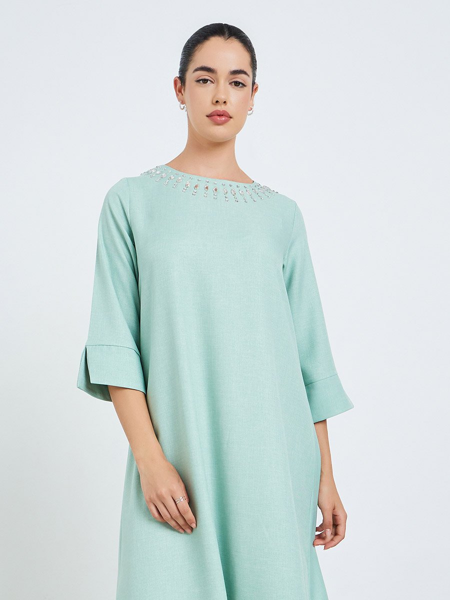 Green Embellished Neckline A-Line Jalabiya