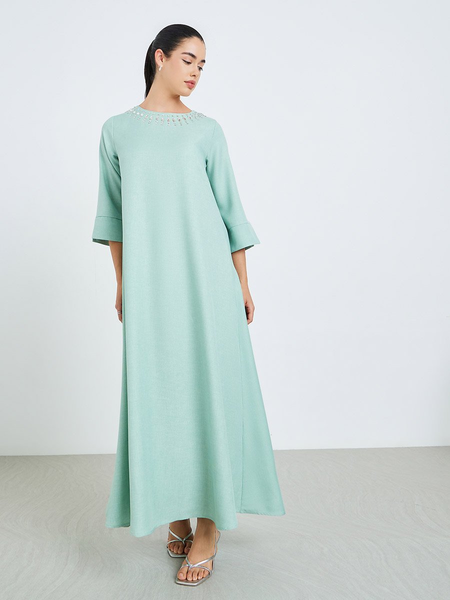 Green Embellished Neckline A-Line Jalabiya