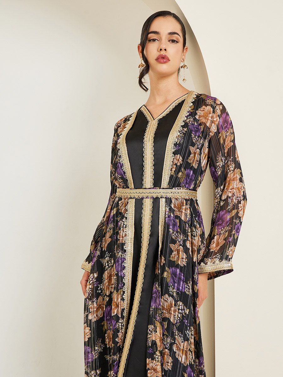 Women Black Printed Embroidered Golden Lace Kaftan