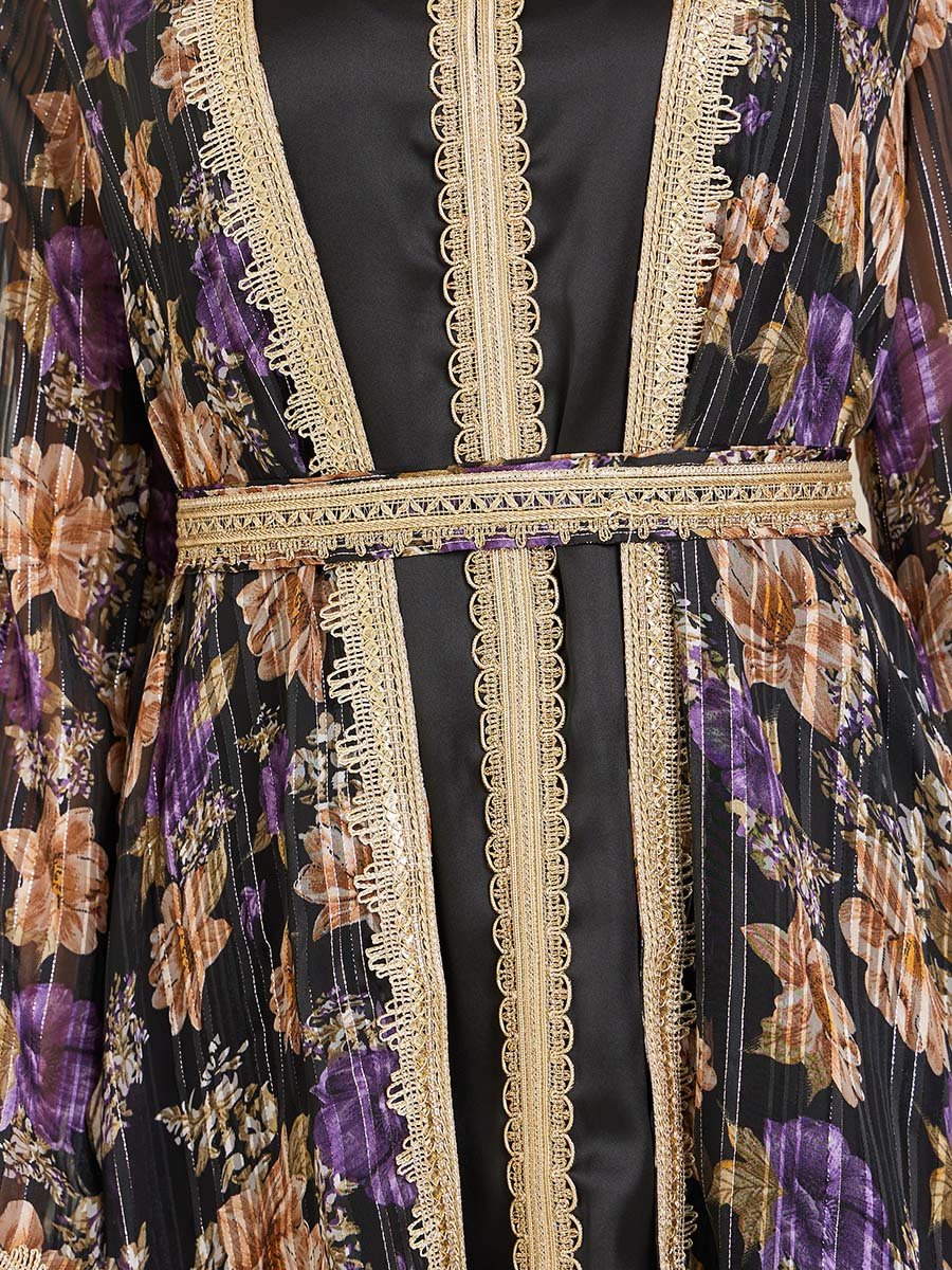 Women Black Printed Embroidered Golden Lace Kaftan