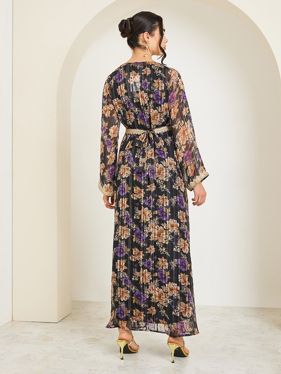 Women Black Printed Embroidered Golden Lace Kaftan
