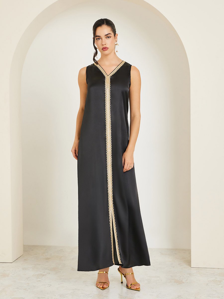 Women Black Printed Embroidered Golden Lace Kaftan