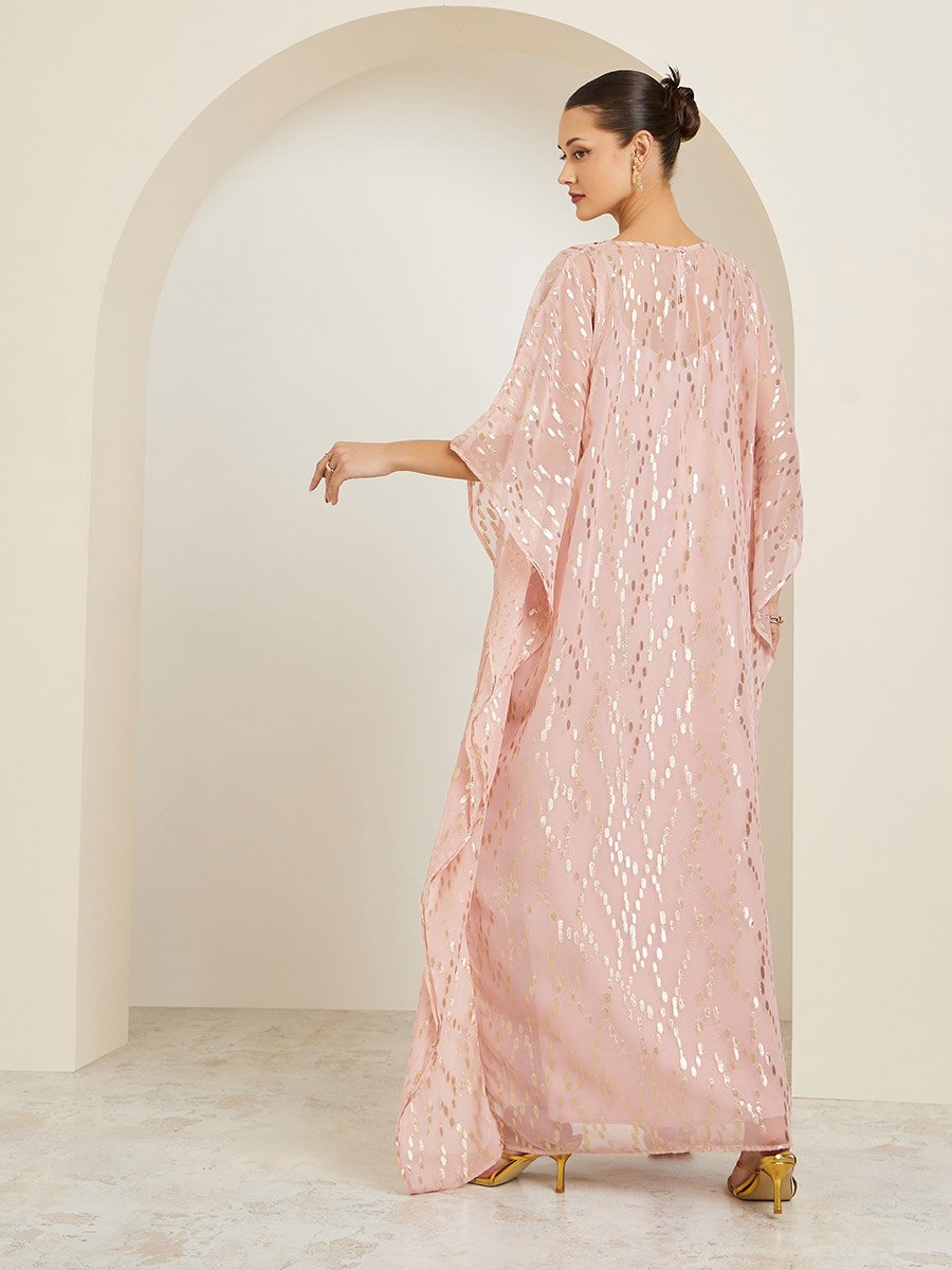 Women Light Pink Embellished Sheer Kaftan