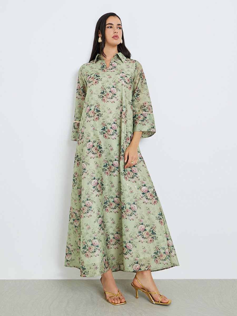 Women Green Floral Print A-Line Jalabiya