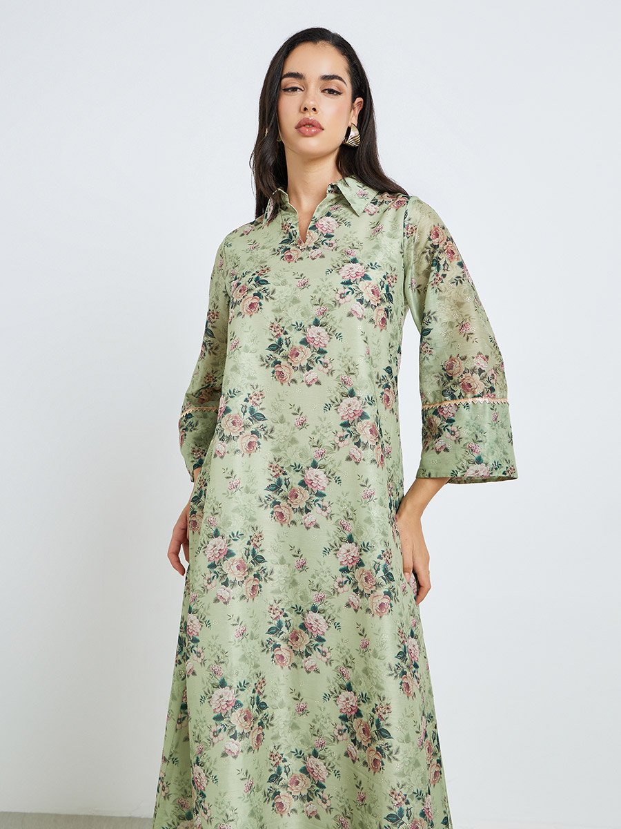 Women Green Floral Print A-Line Jalabiya