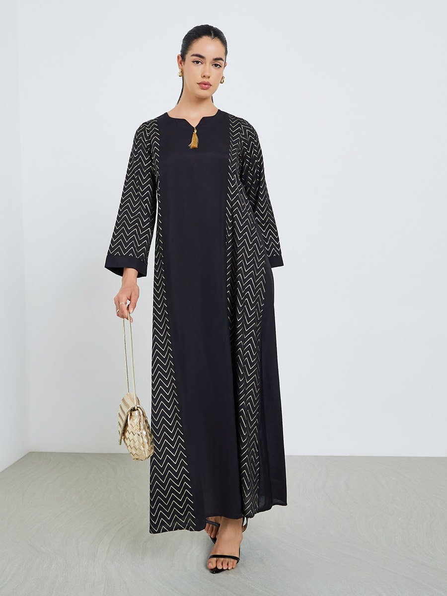 Black Zig Zag Foil Print Jalabiya