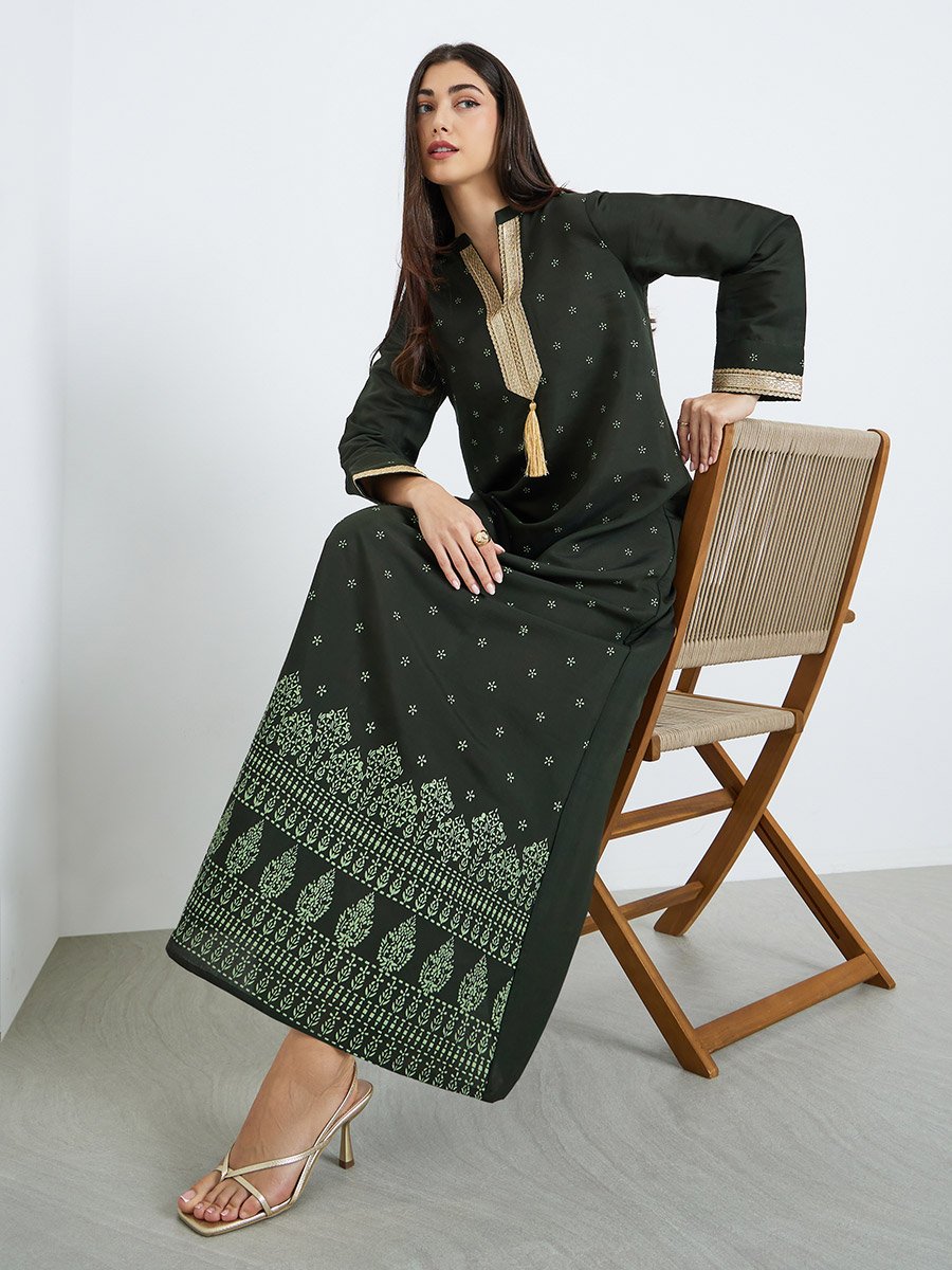 Green Gold Lace Placket Jalabiya with Tassel