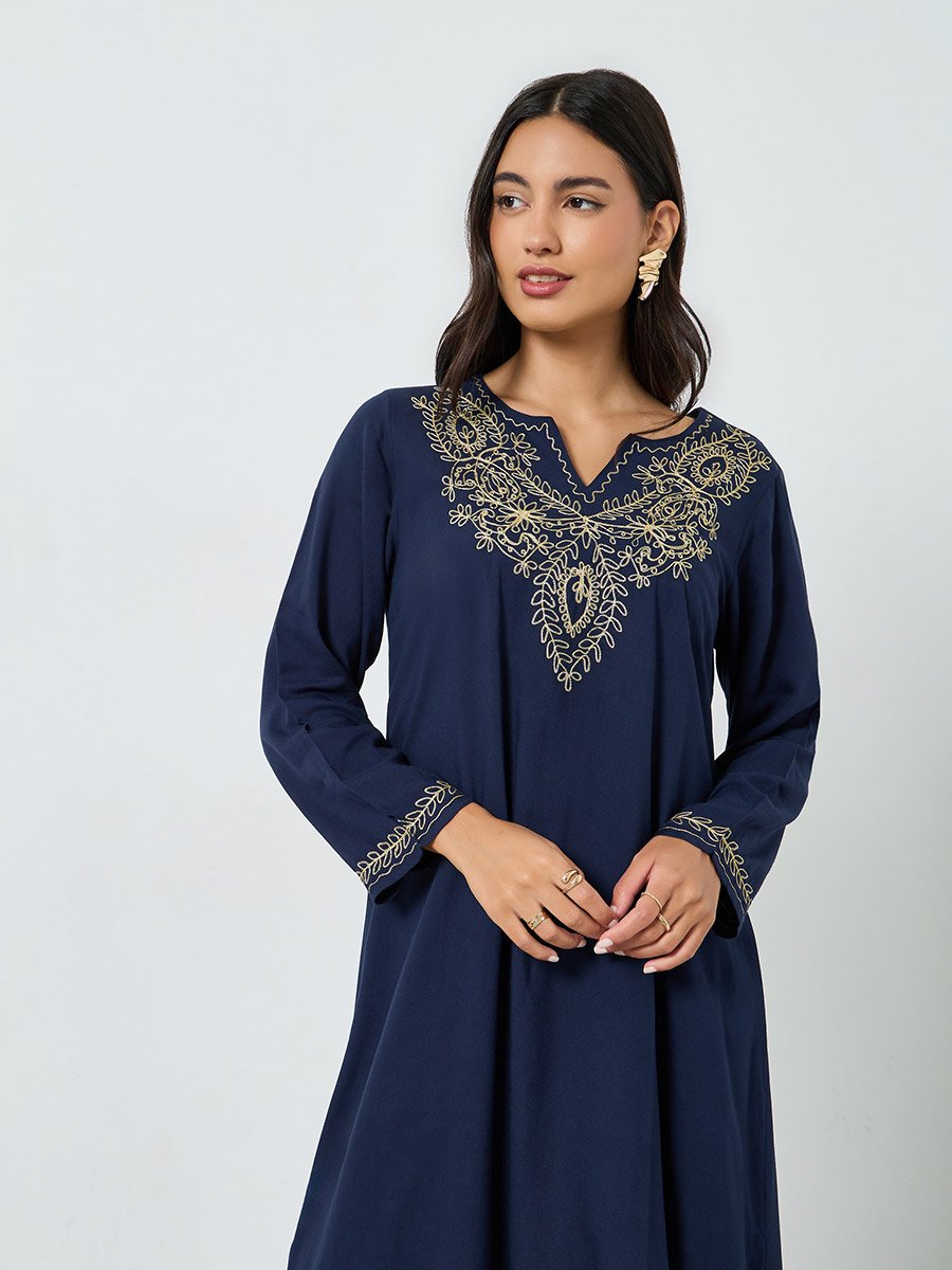 Navy Blue Embroidered Notch Neck Jalabiya