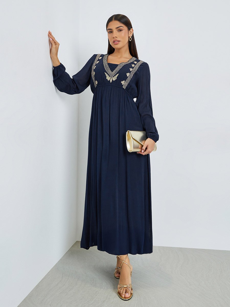 Navy Blue Embroidered Jalabiya with Inner Dress