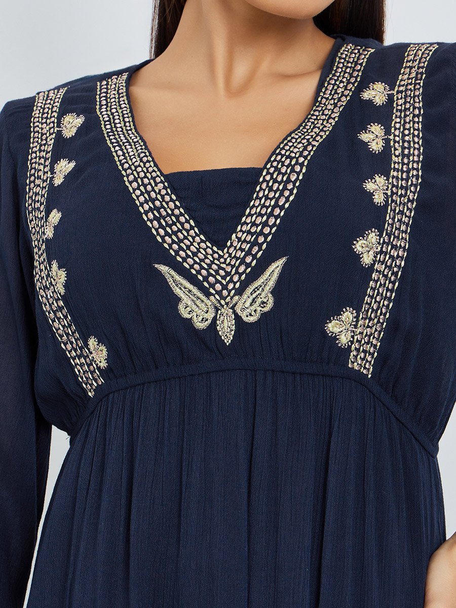 Navy Blue Embroidered Jalabiya with Inner Dress